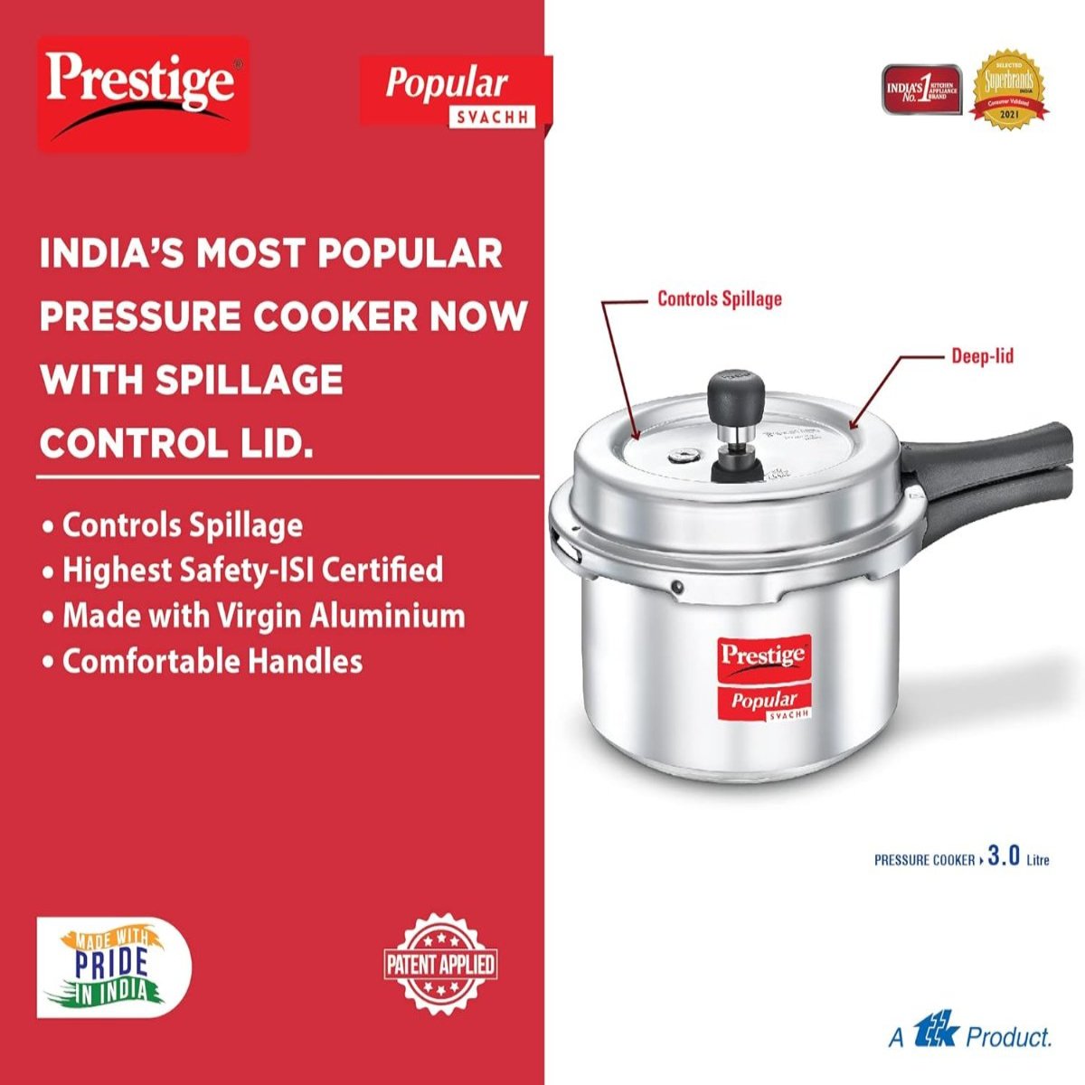 Prestige Popular Svachh Aluminium Outer Lid 3 Liter Pressure Cooker, Silver - 10165