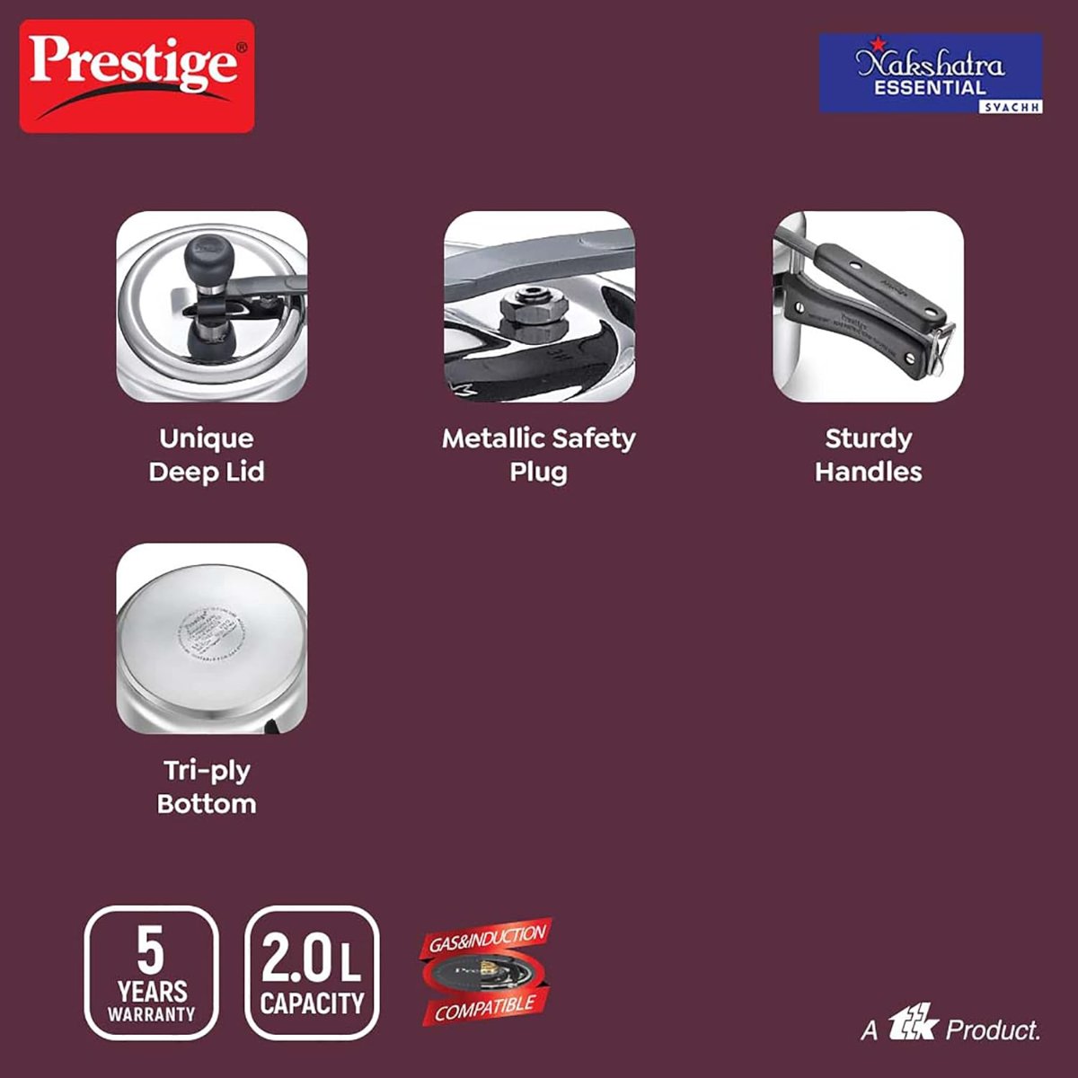Prestige Nakshatra Essential Svachh Stainless Steel 2L Pressure Cooker - 20536