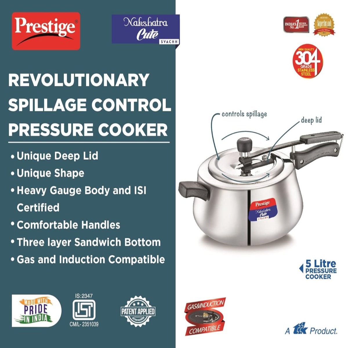 Prestige Nakshatra Cute Svachh Stainless Steel 5 Liter Pressure Cooker 20149