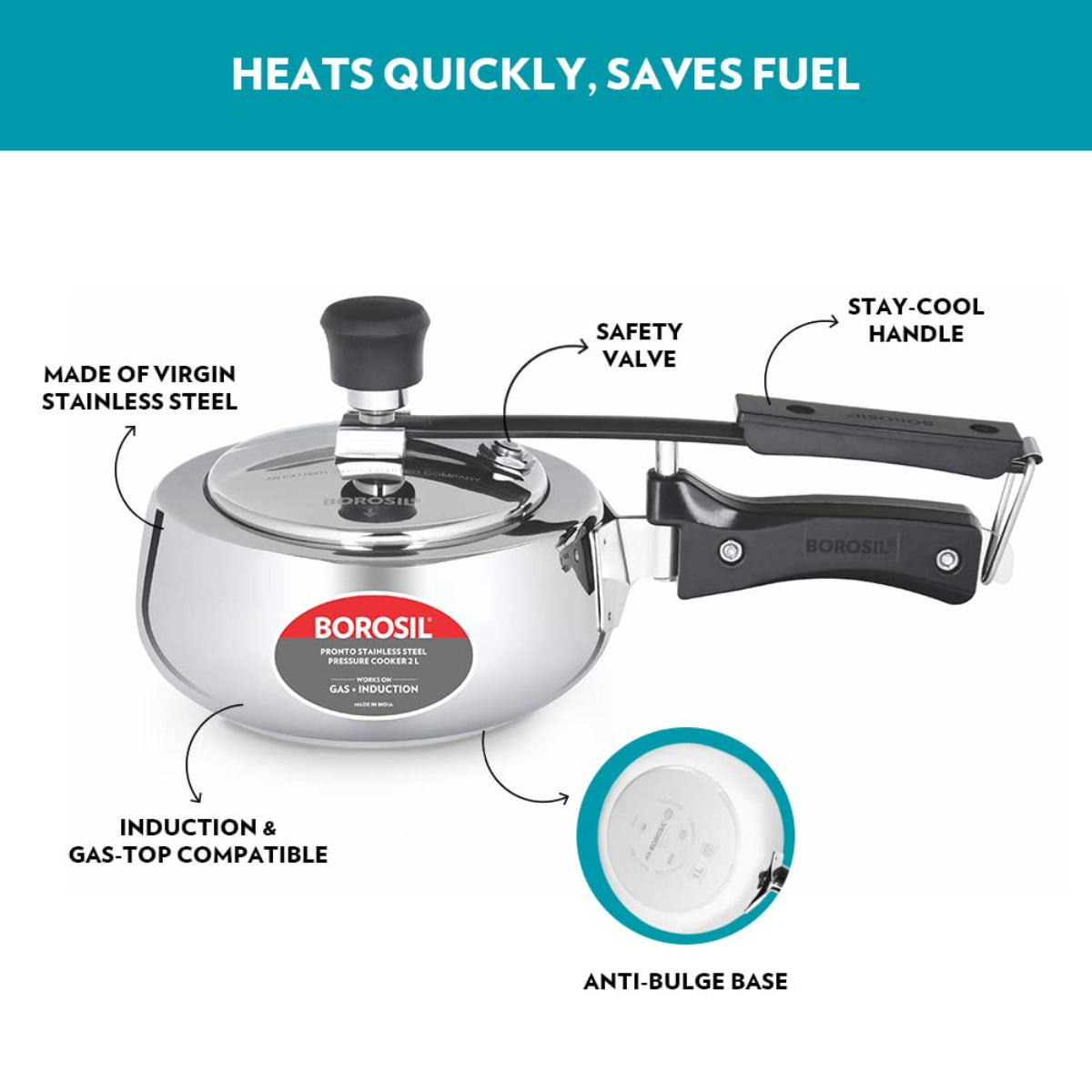 Borosil Pronto Stainless Steel 2 Liter Pressure Cooker, Induction - CFPC2LSS06