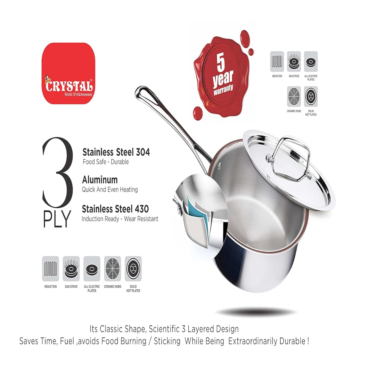 Crystal Tri Pro Triply Stainless Steel Saucepan with SS Lid 18 cm, Induction Bottom - CTP-SP-003