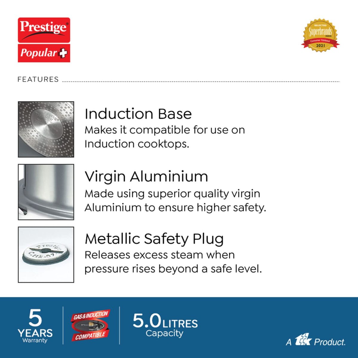 Prestige Popular Plus Virgin Aluminium 5 Liter Pressure Cooker - 10203