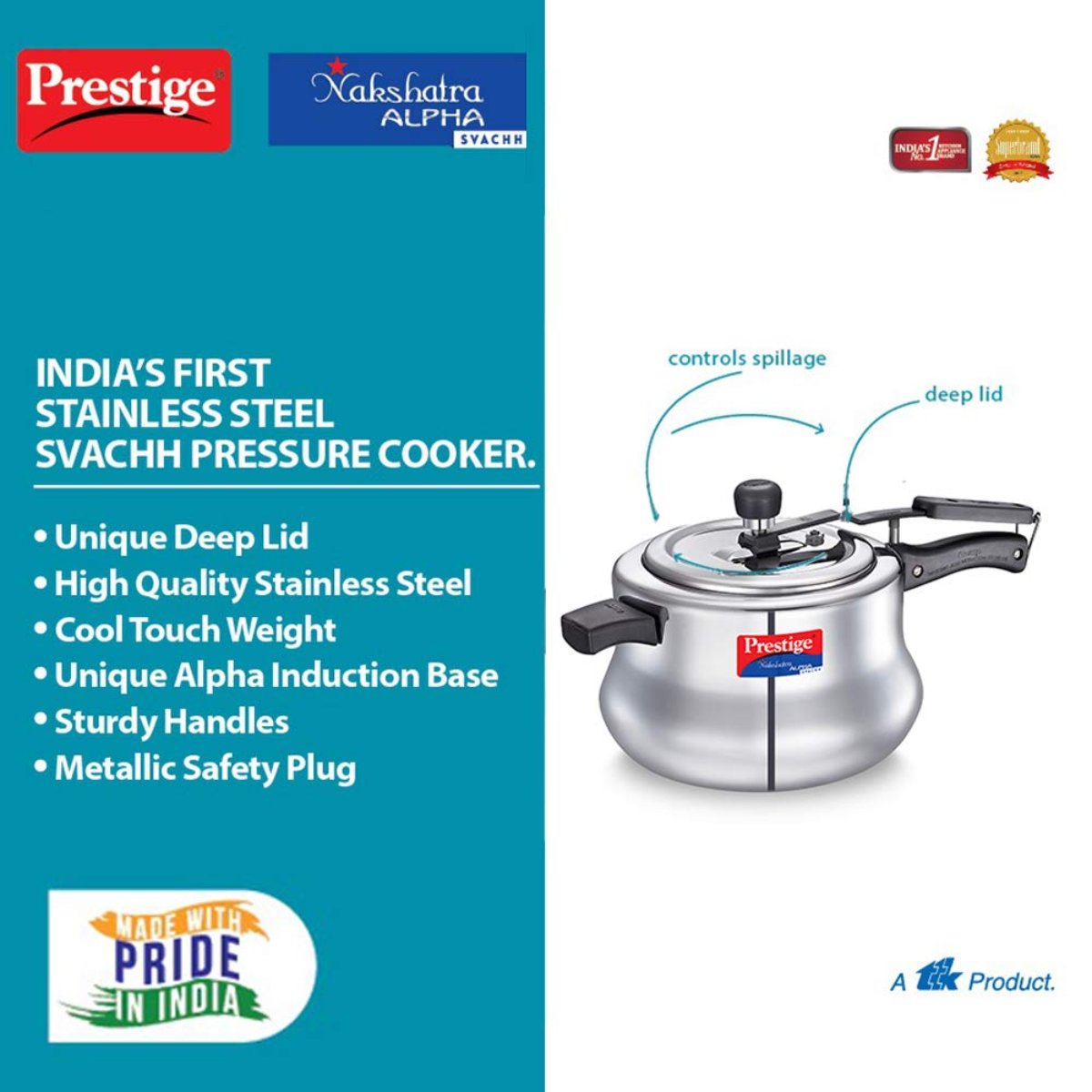 Prestige Svachh Nakshatra Alpha Stainless Steel 5.5 Liter Handi Pressure Cooker, Silver - 20258
