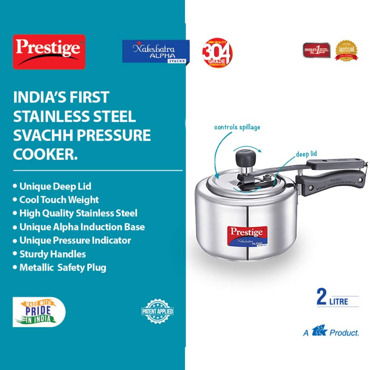 Prestige Svachh Nakshatra Alpha Stainless Steel 2 Liter Pressure Cooker, Silver - 20244