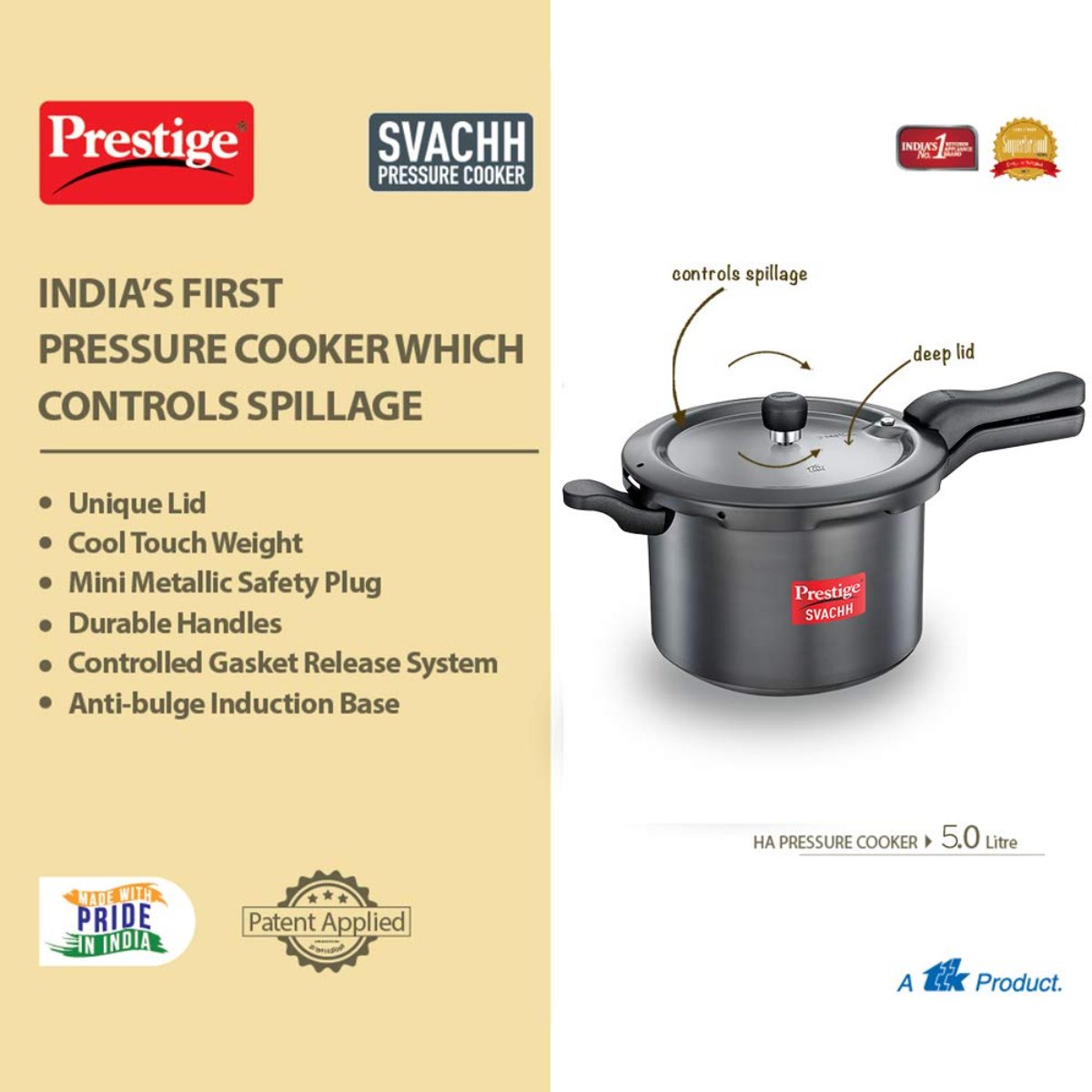 Prestige Svachh Hard Anodised 5L Outer Lid, Pressure Cooker, Black - 20224
