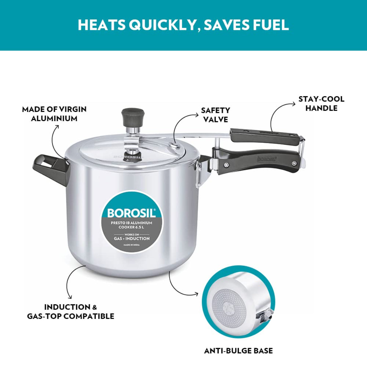 Borosil Presto Aluminum 6.5 Liter Inner Lid Pressure Cooker, Induction Base - CFPC7LAL04