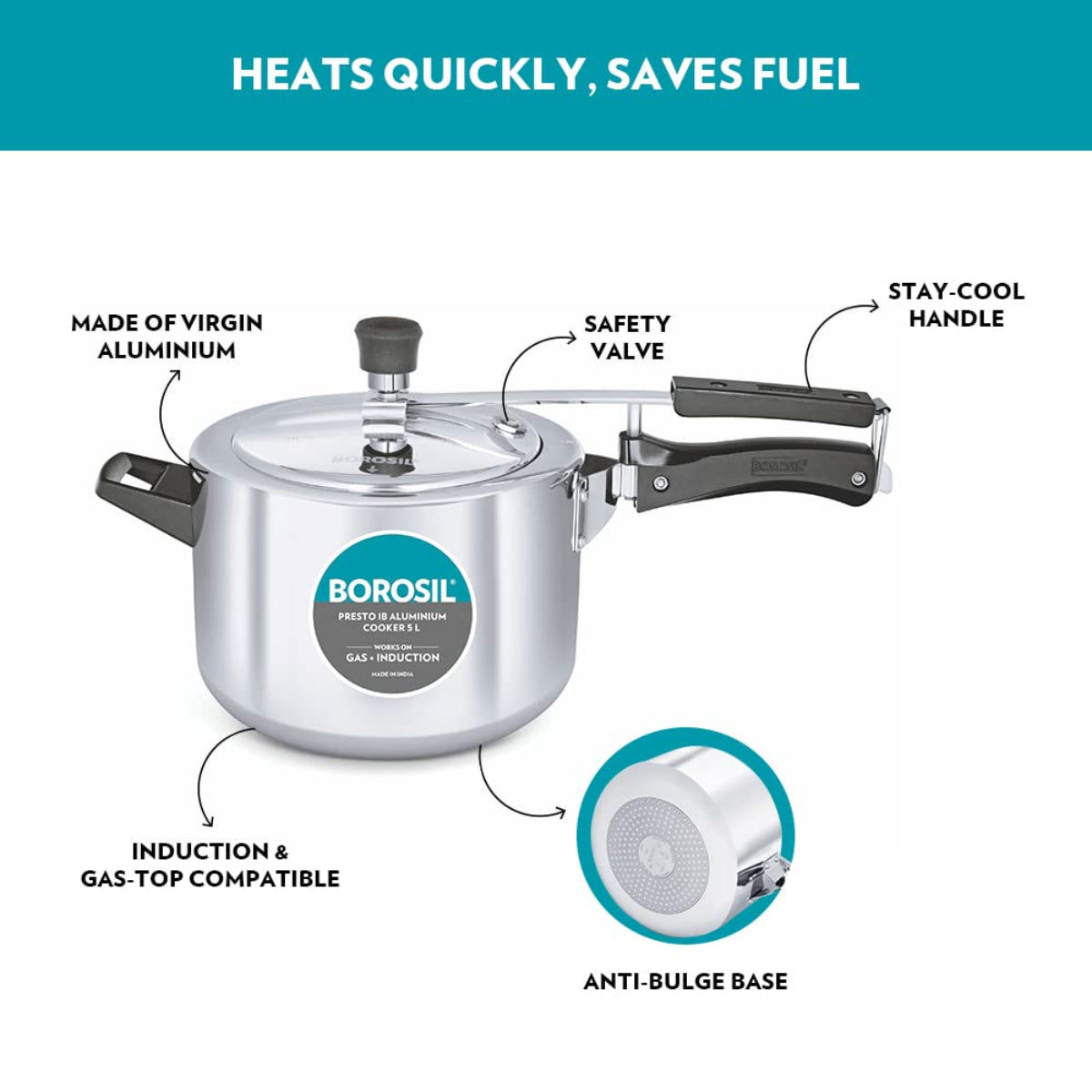 Borosil Presto Aluminum 5 Liter Inner Lid Pressure Cooker, Induction Base - CFPC5LAL03