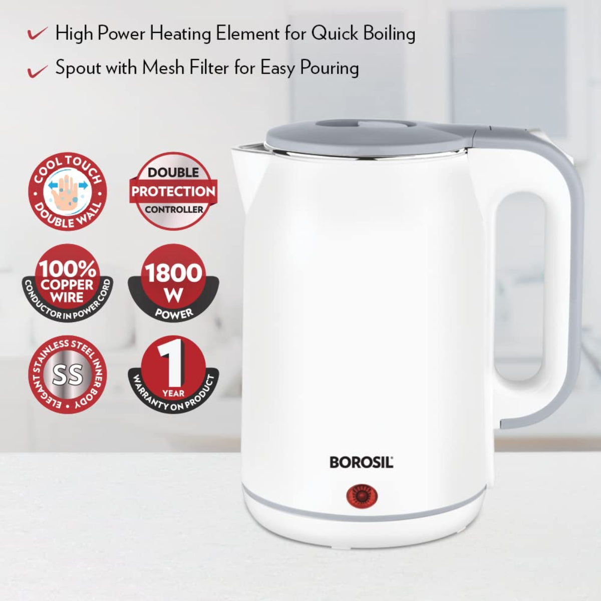 Borosil 1800 Watts Cooltouch 1.8 Ltr Stainless Steel Electric Kettle - BKE18LCT25