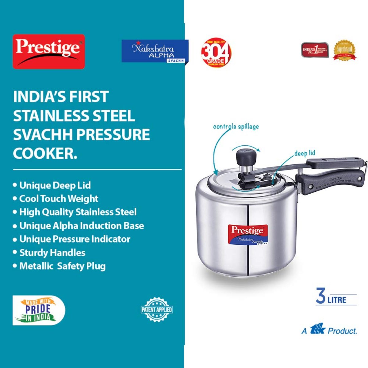 Prestige Svachh Nakshatra Alpha Stainless Steel 3 Liter Pressure Cooker, Silver - 20245