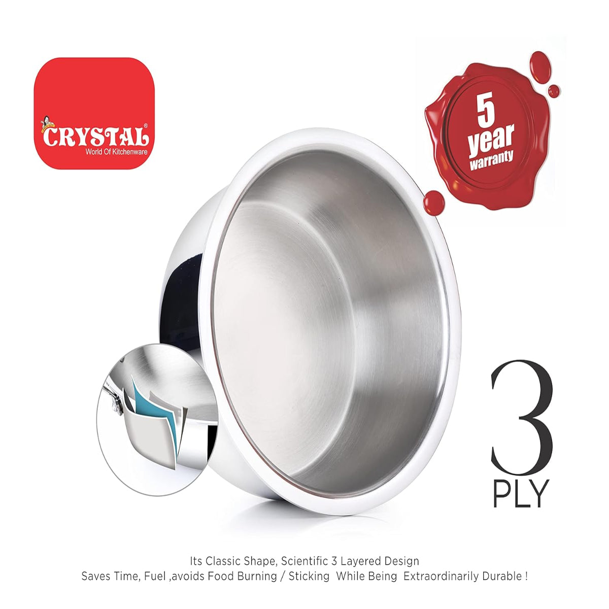 Crystal TriPro - Triply Stainless Steel Tope with SS Lid 22 cm, Induction - CTP-TP-005