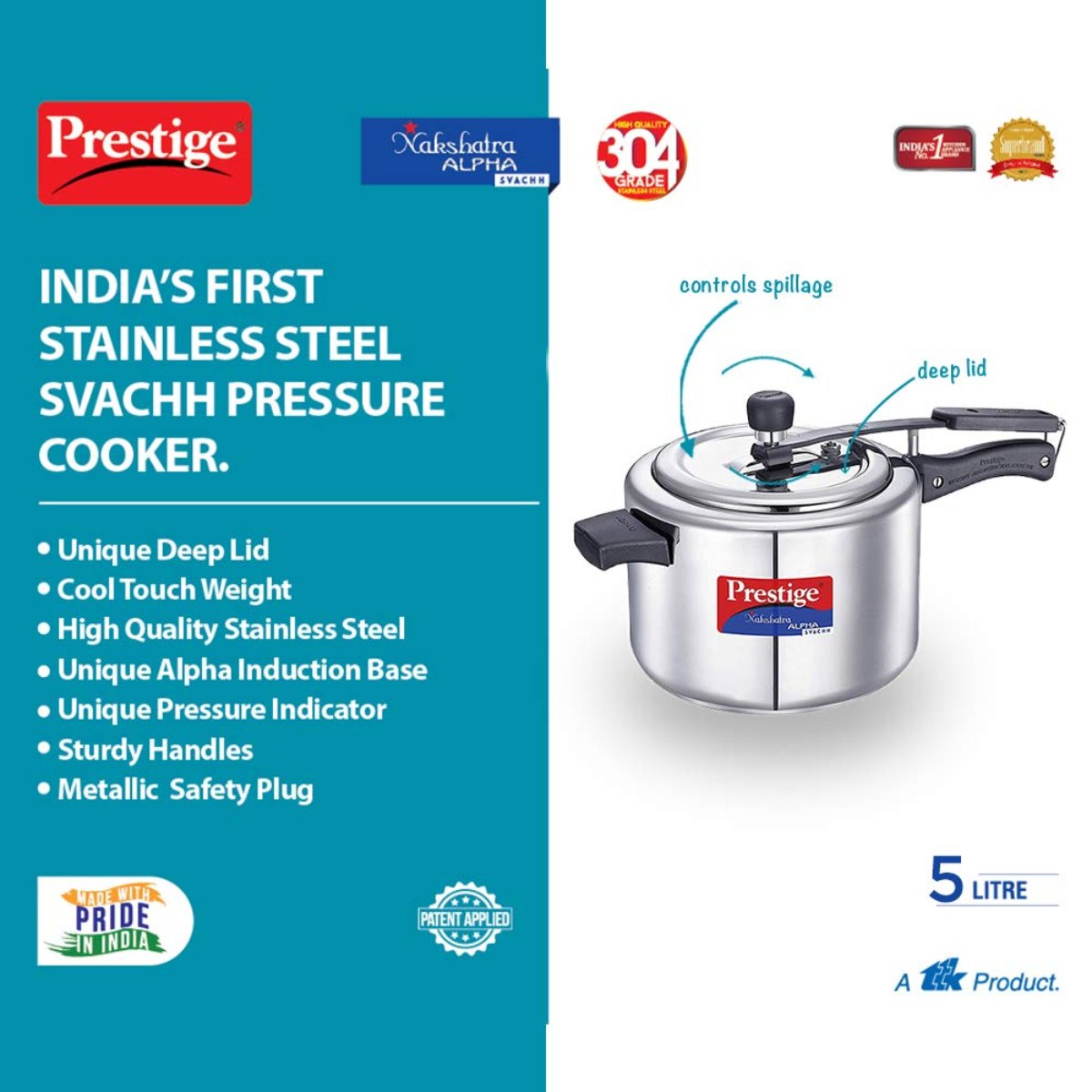 Prestige Svachh Nakshatra Alpha Stainless Steel 5 Liter Pressure Cooker, Silver - 20246
