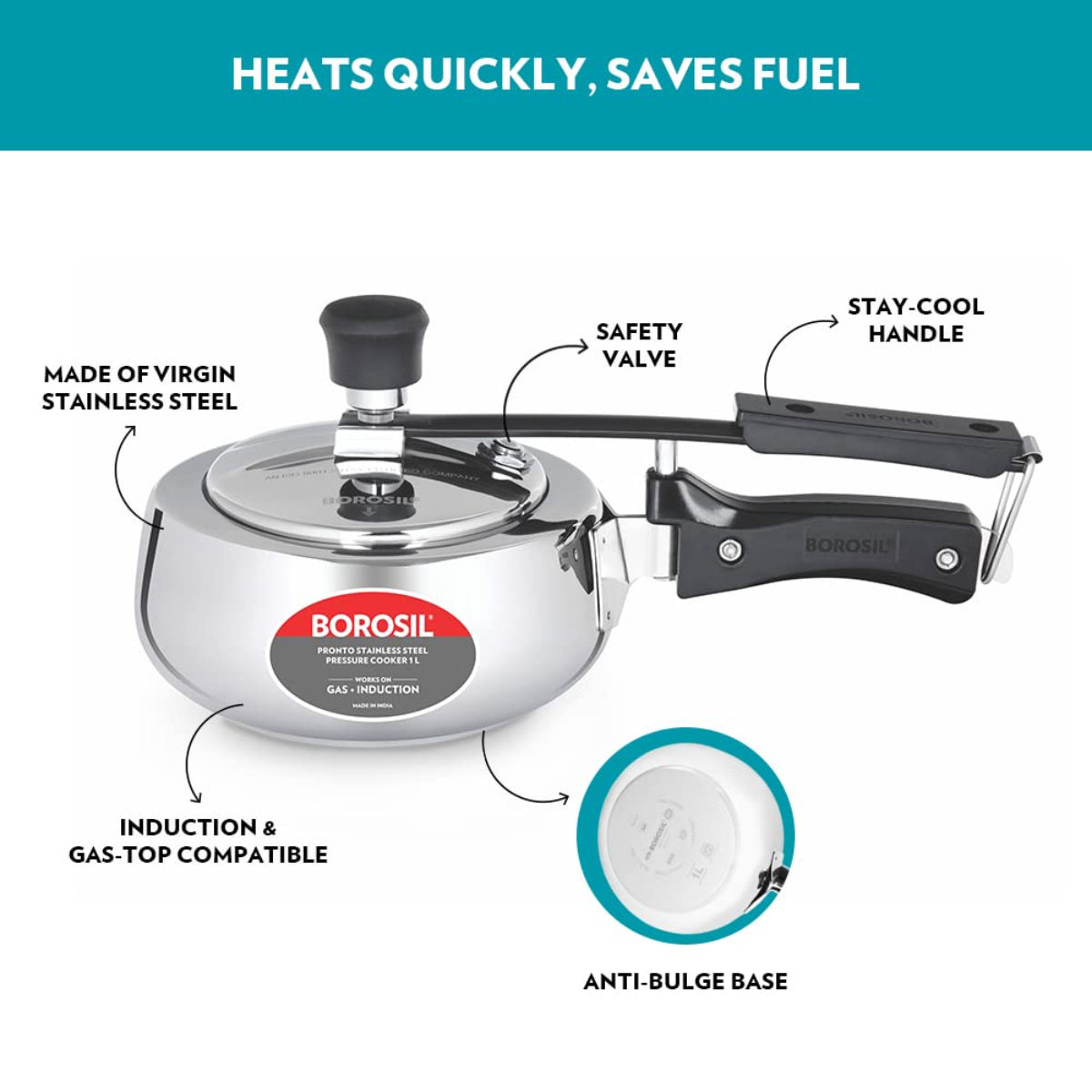 Borosil Pronto Stainless Steel 1 Liter Pressure Cooker, Induction - CFPC1LSS05