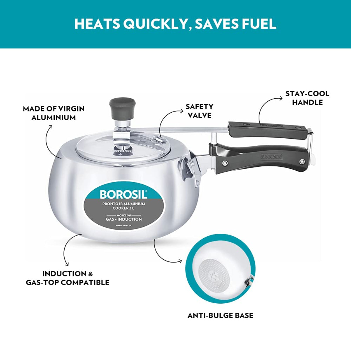 Borosil Pronto Aluminum 6.5 Liter Inner Lid Pressure Cooker, Induction Base - CFPC7LAL08