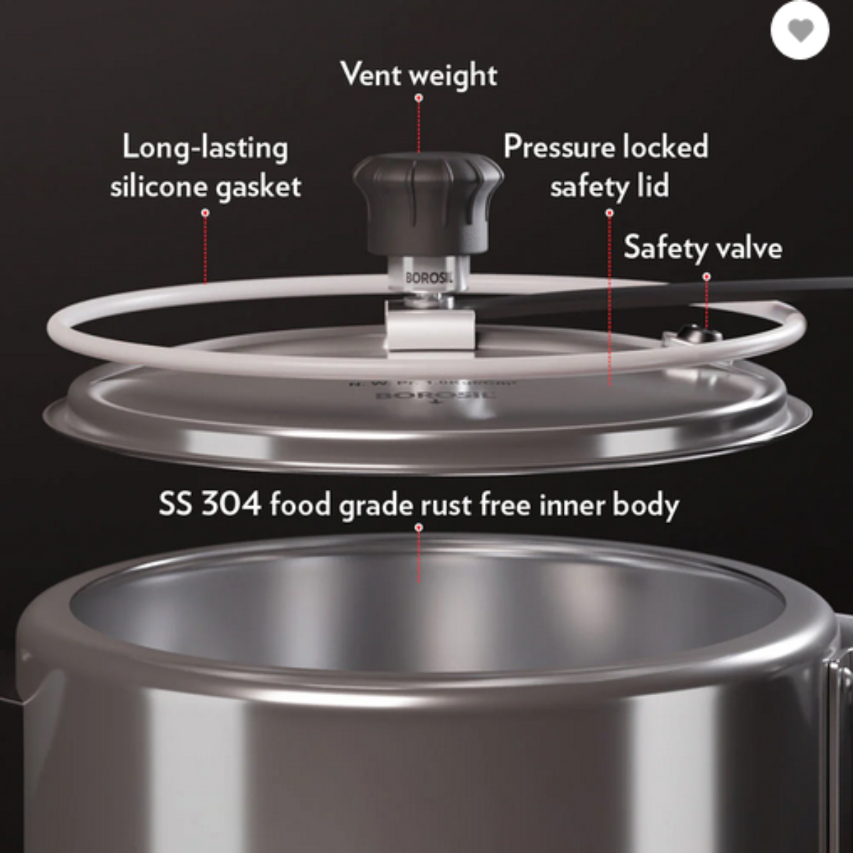 Borosil Pronto Triply Stainless Steel Inner Lid 2.5L Pressure Cooker, Induction - CFTPLYILC07