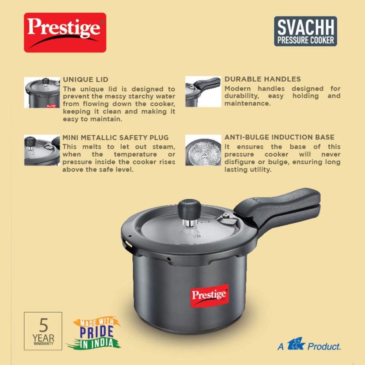 Prestige Svachh Hard Anodised 3L Outer Lid, Pressure Cooker, Black - 20223