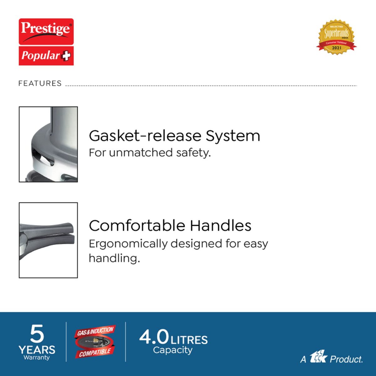 Prestige Popular Plus Virgin Aluminium 4 Liter Pressure Cooker - 10202