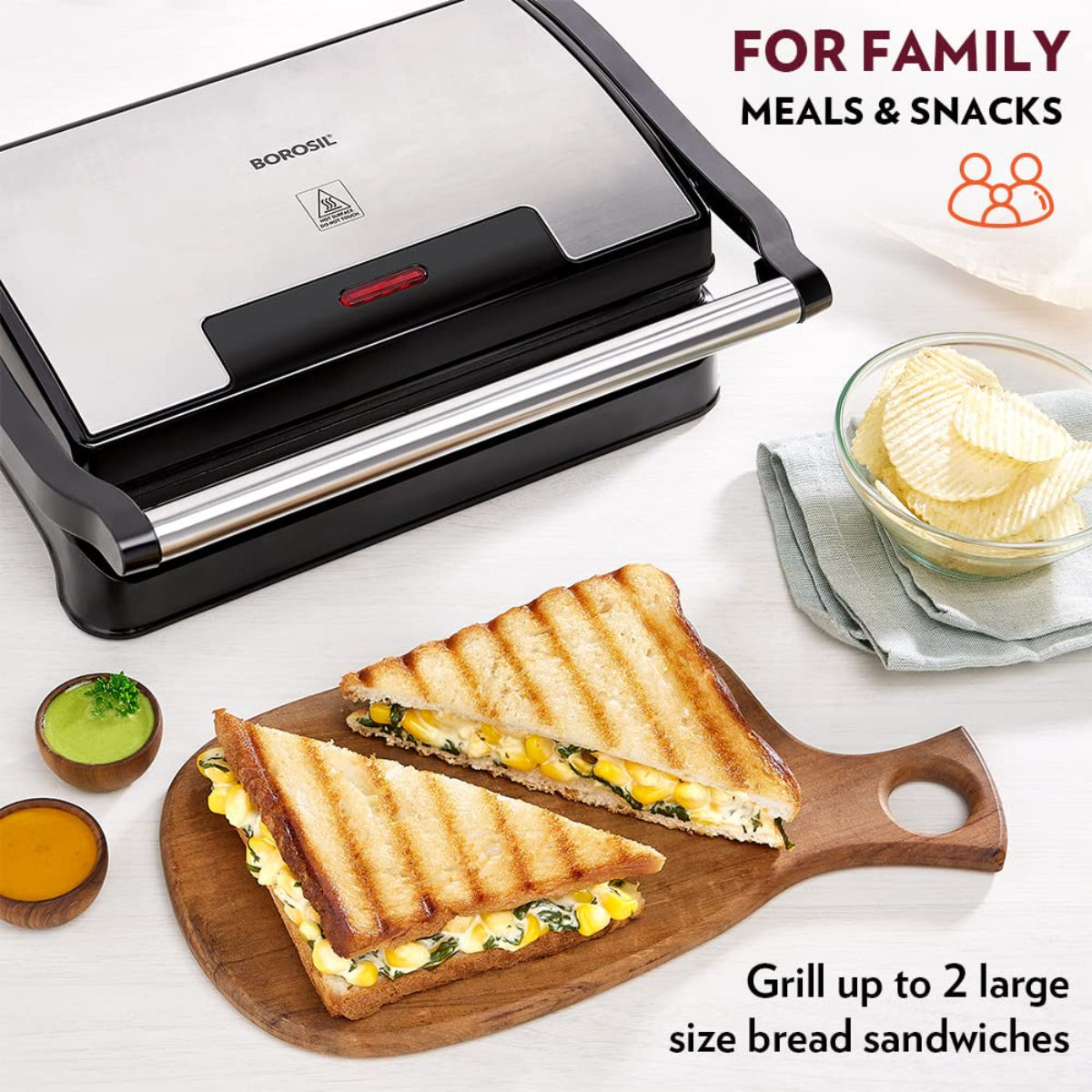 Borosil 700 Watts Meta Prime Grill Sandwich Maker | Opens 90° , 2 Sandwiches - BGRILLSS13