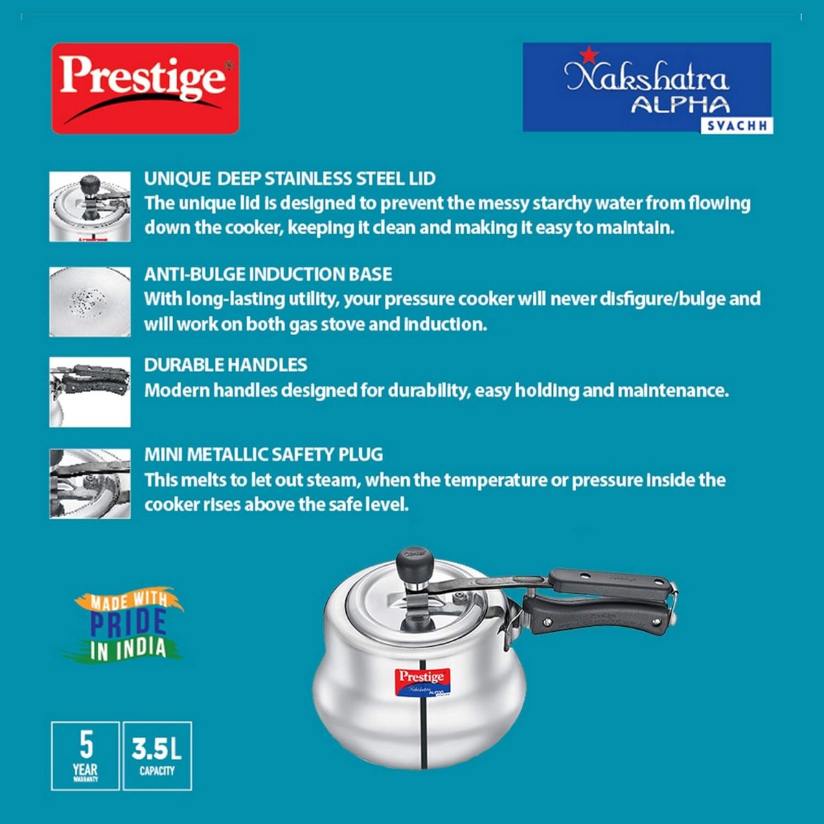 Prestige Svachh Nakshatra Alpha Stainless Steel 3.5 Liter Handi Pressure Cooker, Silver - 20257