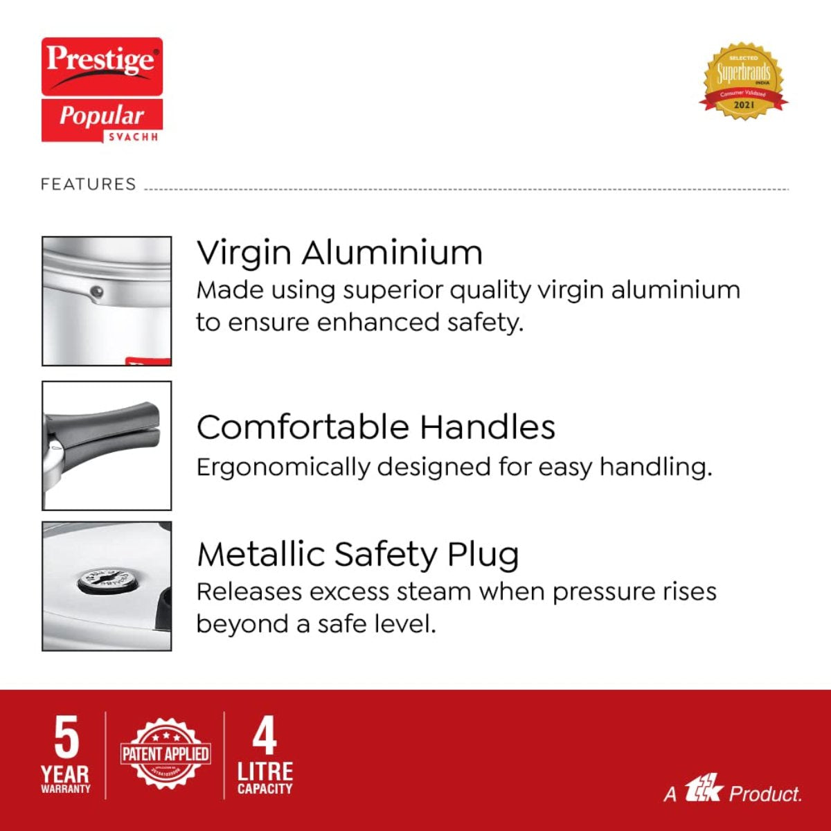 Prestige Popular Svachh Aluminium Outer Lid 4 Liter Pressure Cooker, Silver - 10166