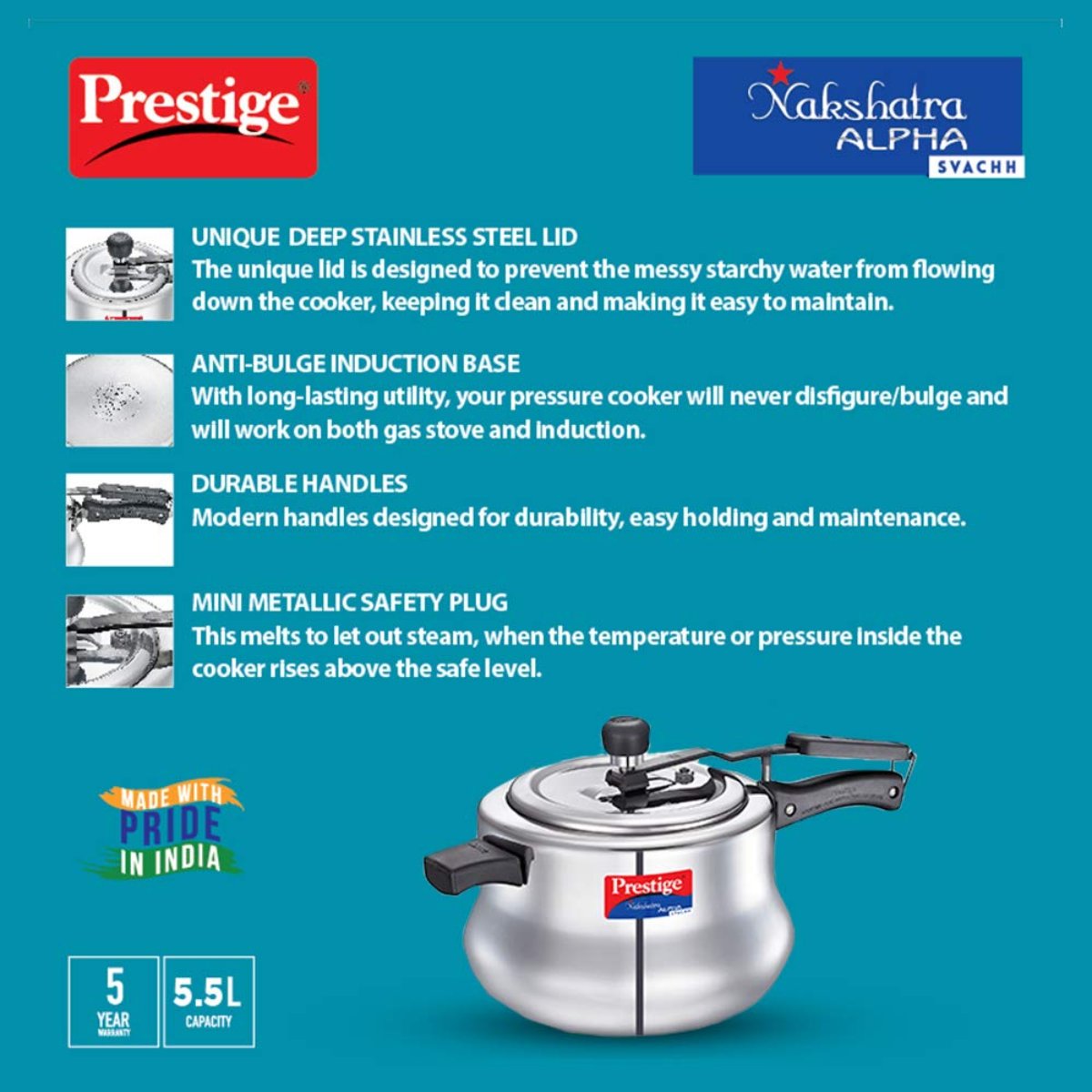 Prestige Svachh Nakshatra Alpha Stainless Steel 5.5 Liter Handi Pressure Cooker, Silver - 20258