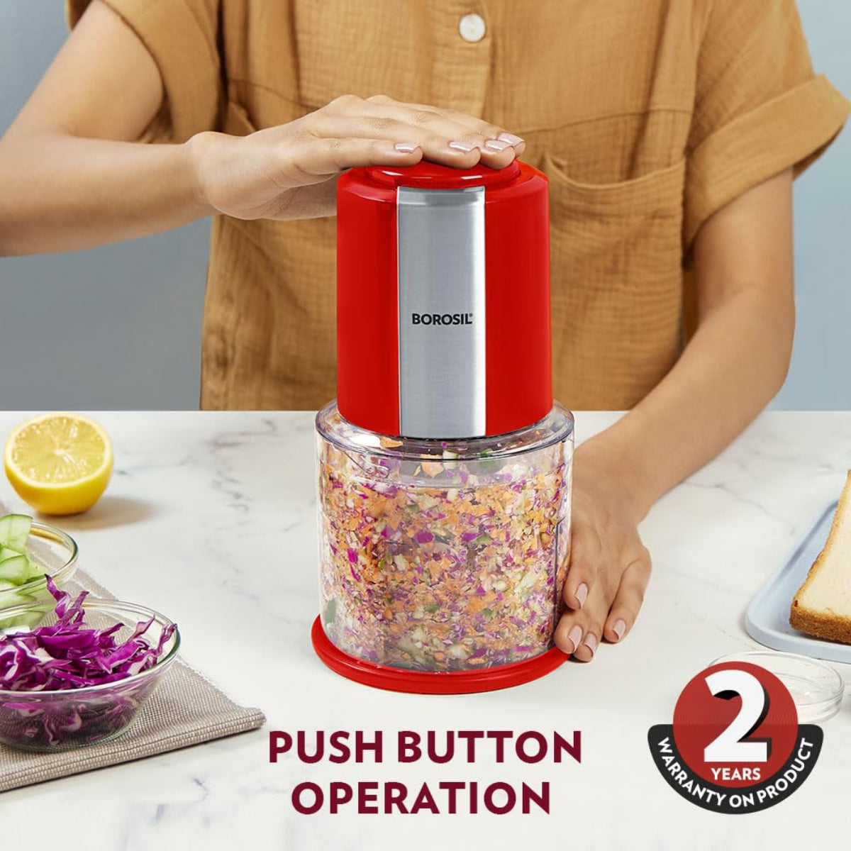 Borosil Chef Delite 300 Watts Electric Chopper with 2 Blade Sets, Red - BCH20DBB22