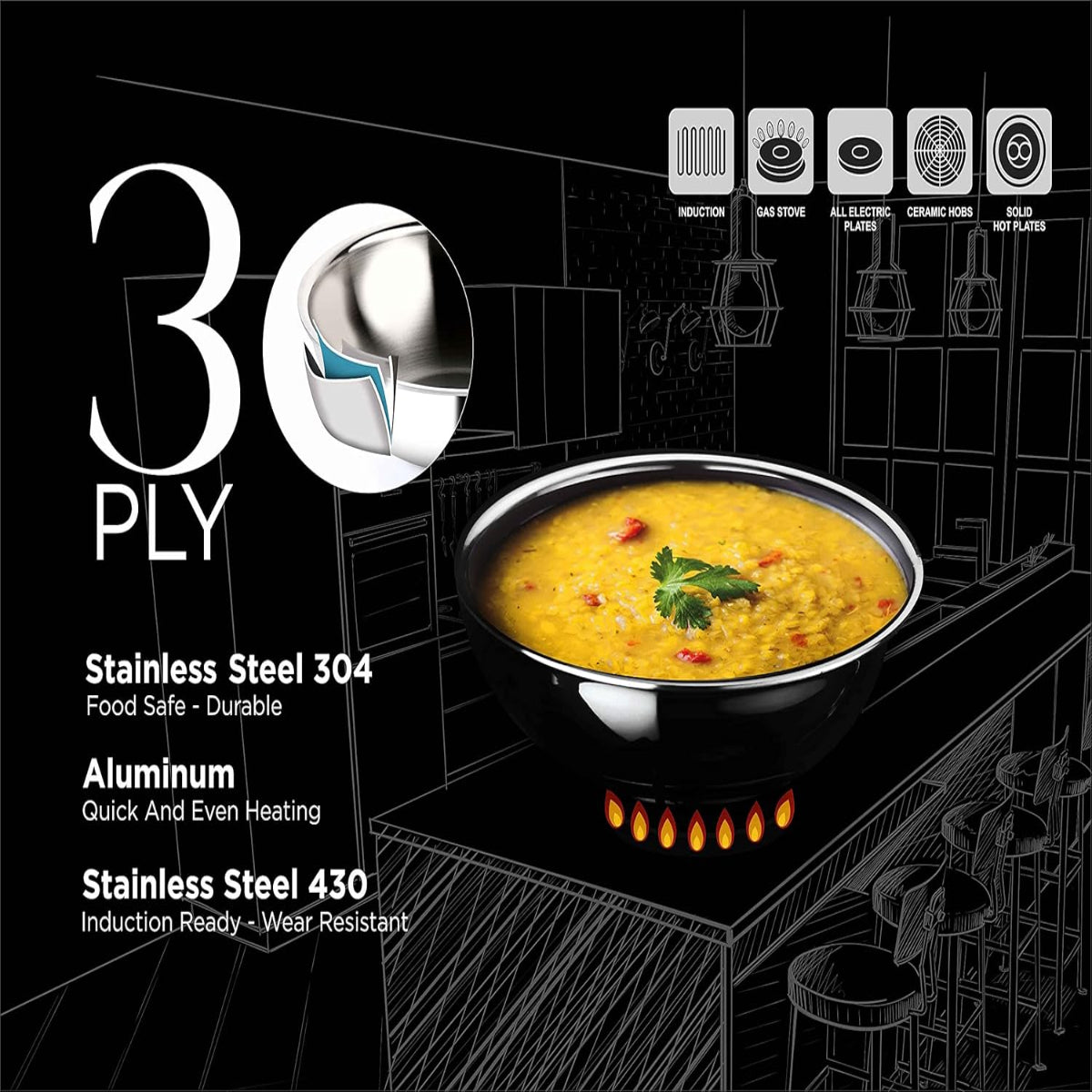 Crystal TriPro - Triply Stainless Steel 22 cm Tasla, Induction Bottom - CTP-TAS-003