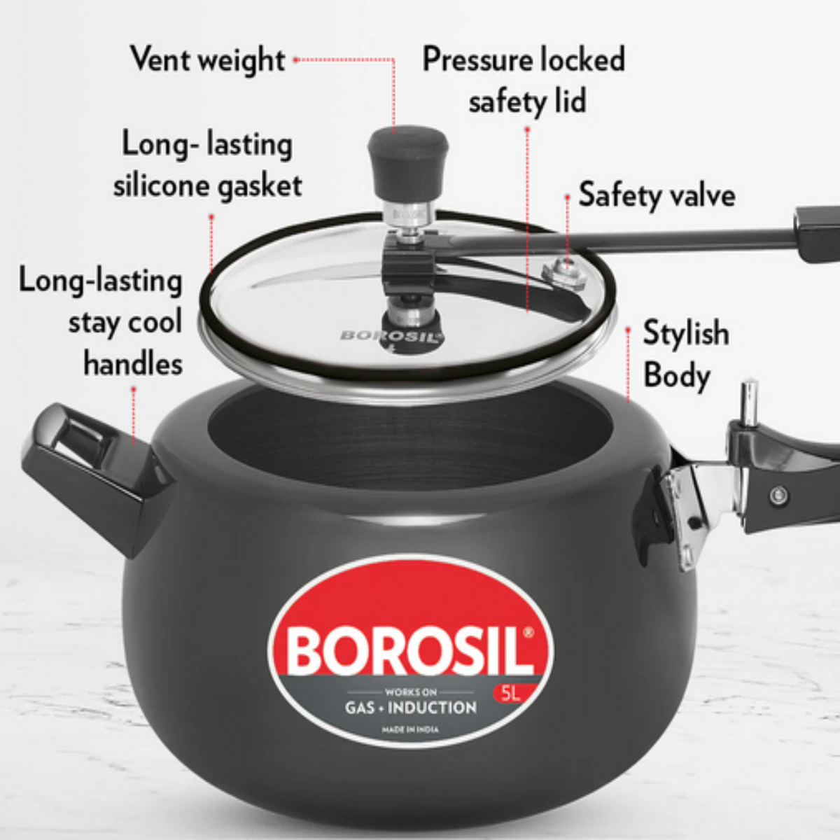 Borosil Pronto Hard Anodised SS Lid 3L Pressure Cooker, Induction Base - HAPRON03PC02