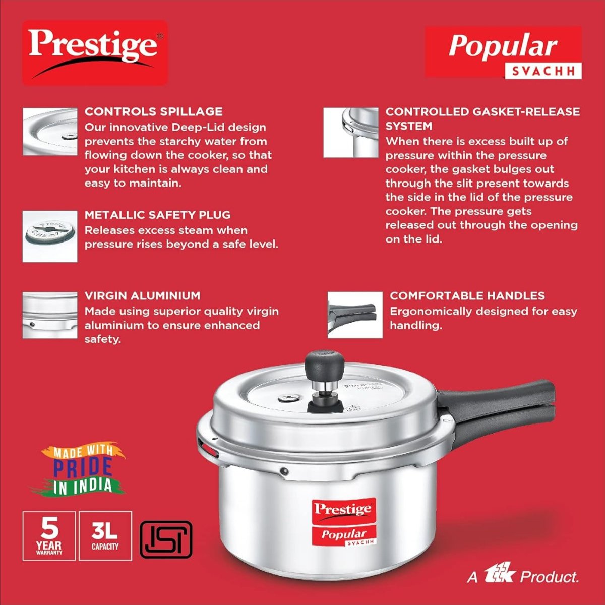 Prestige Popular Svachh Aluminium Outer Lid 3 Liter Pressure Cooker, Silver - 10165