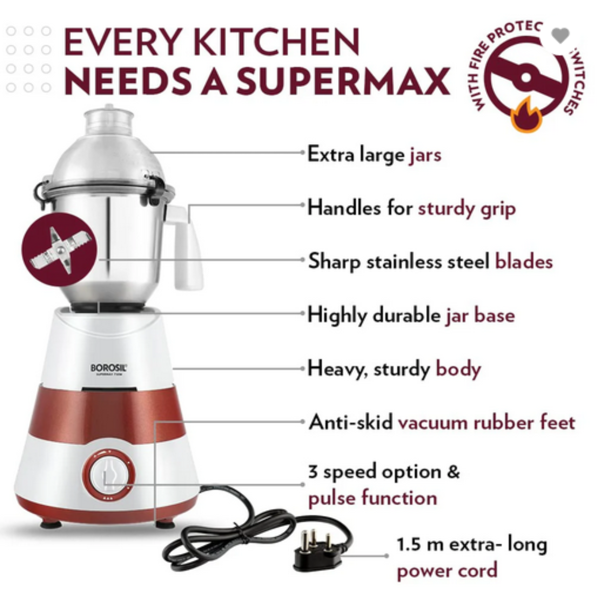 Borosil Supermax Mixer Grinder 750 Watts with 3 Stainless Steel Jars, Red - HAMG750W28
