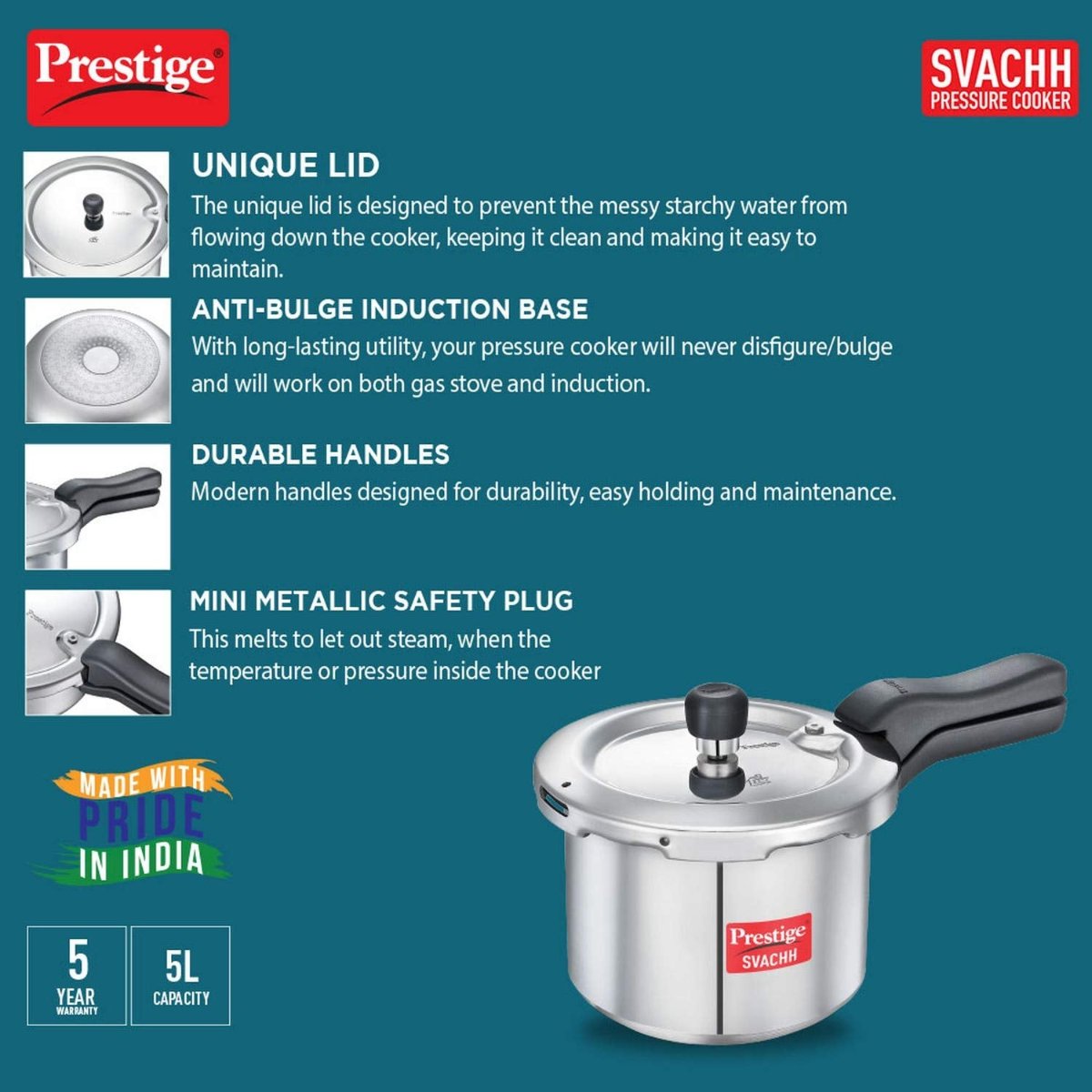 Prestige Svachh Aluminium Outer Lid 5 Liter Pressure Cooker - 10726