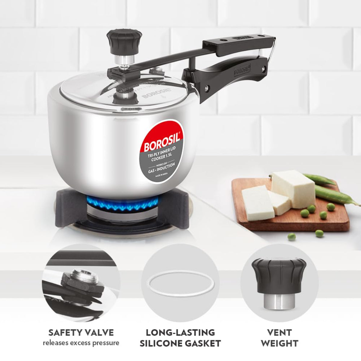 Borosil Triply Stainless Steel Inner Lid 5L Pressure Cooker, Induction Base - CFTPLYILC04