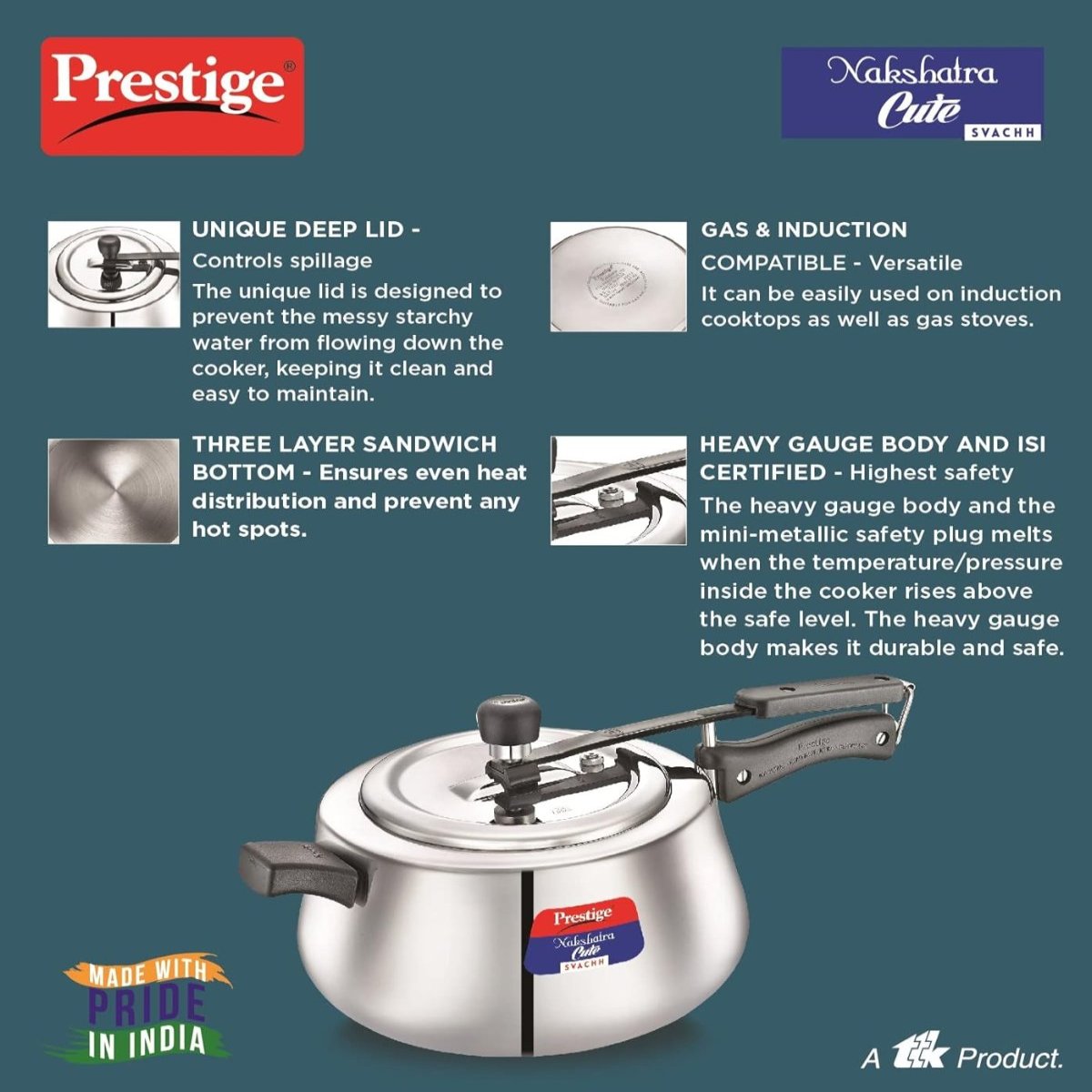 Prestige Nakshatra Cute Svachh Stainless Steel 5 Liter Pressure Cooker 20149