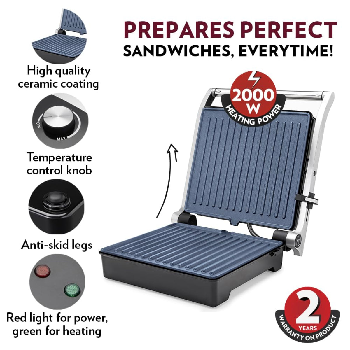 Borosil Mega Jumbo 2000W Grill Sandwich Maker | Opens 180°, 6 Sandwiches - BSM01