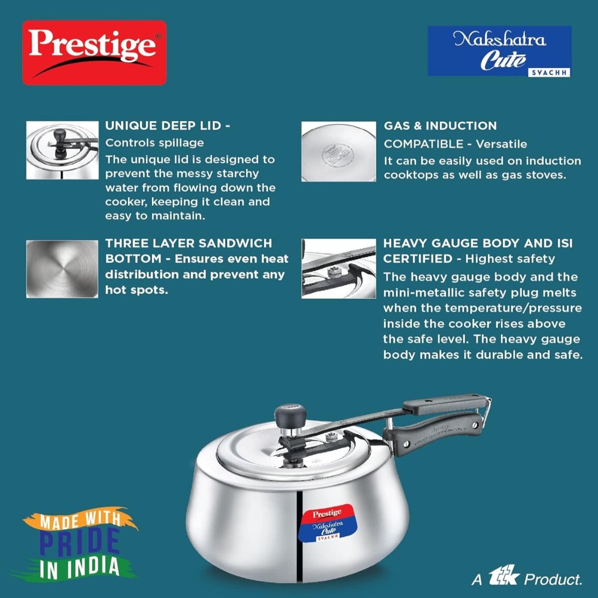 Prestige Nakshatra Cute Svachh Stainless Steel 3 Liter Pressure Cooker 20148
