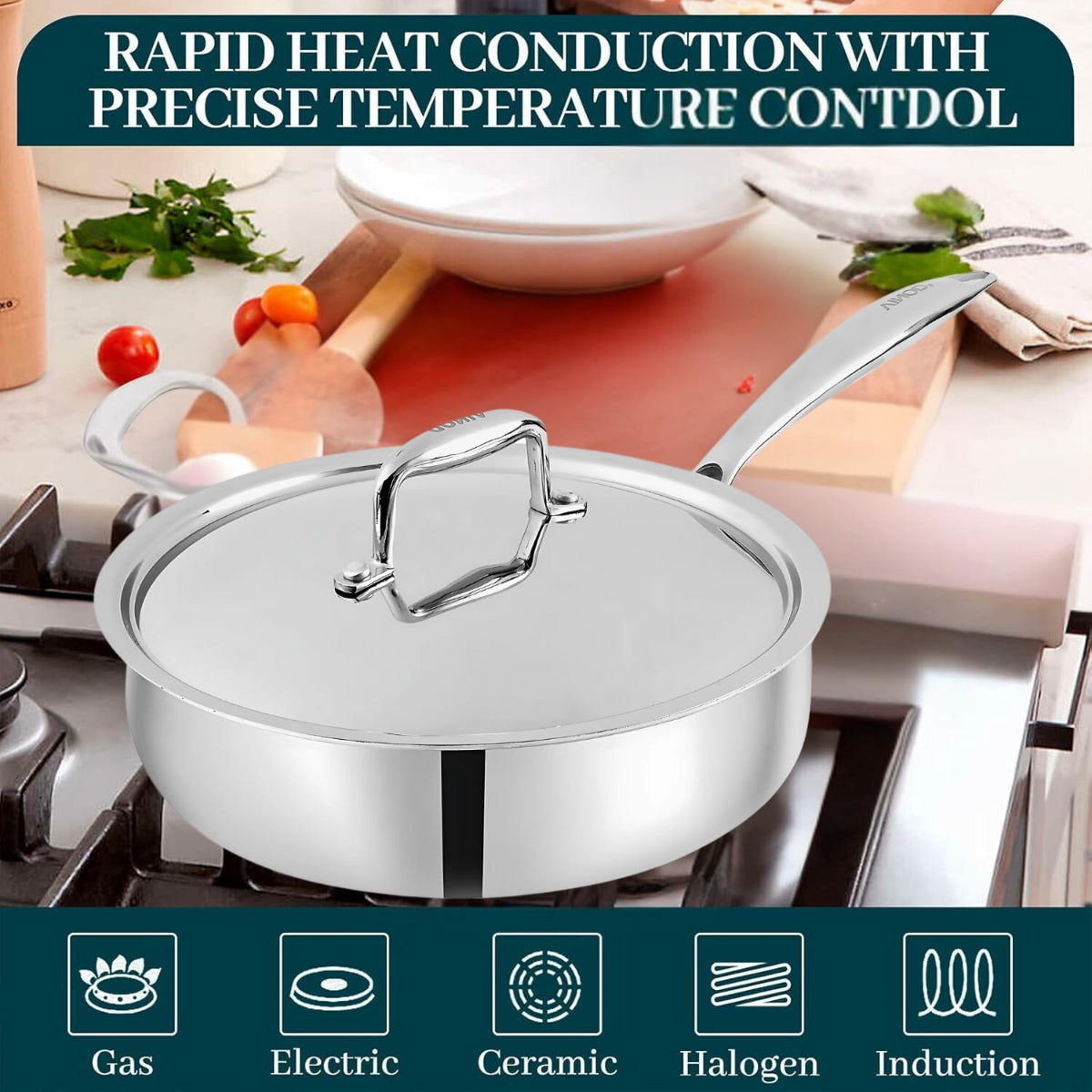 Vinod Platinum Triply Stainless Steel Sautepan with Stainless Steel Lid 2.6 Liter, 24 cm | Induction Friendly, Silver - PSTP24