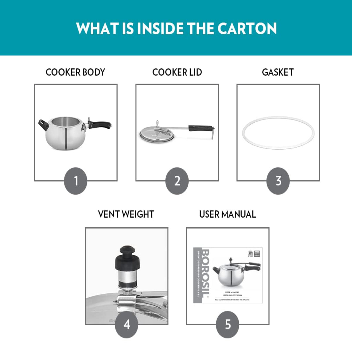 Borosil Pronto Stainless Steel 5 Liter Pressure Cooker, Induction - CFPC5LSH04S