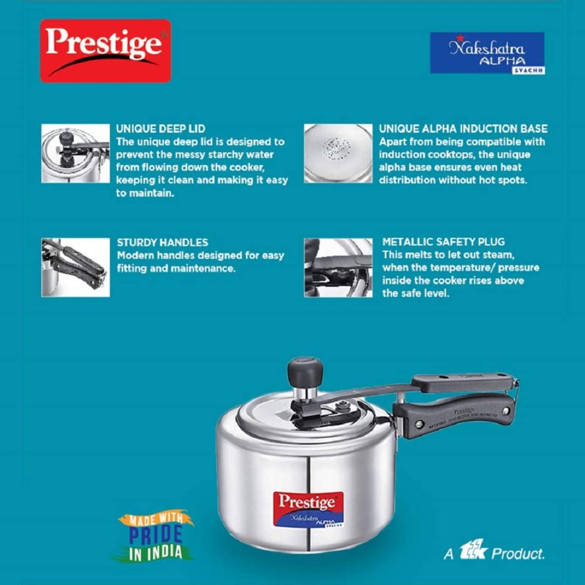 Prestige Svachh Nakshatra Alpha Stainless Steel 2 Liter Pressure Cooker, Silver - 20244
