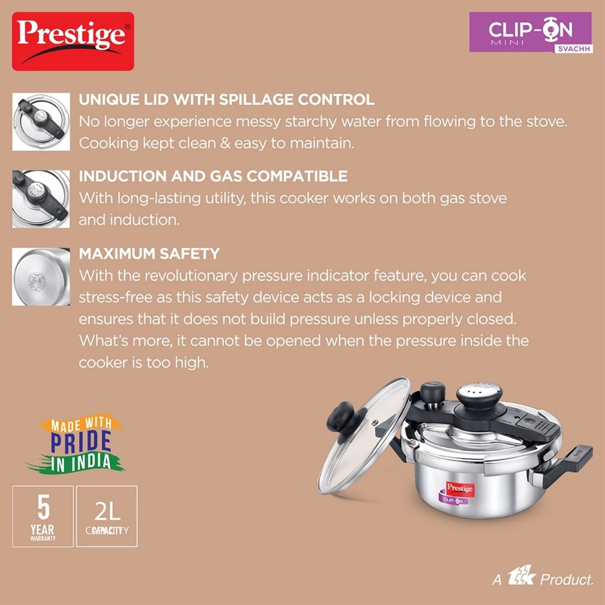 Prestige Clip On Mini Savchh Stainless Steel 2 Liter Pressure Cooker - 20237