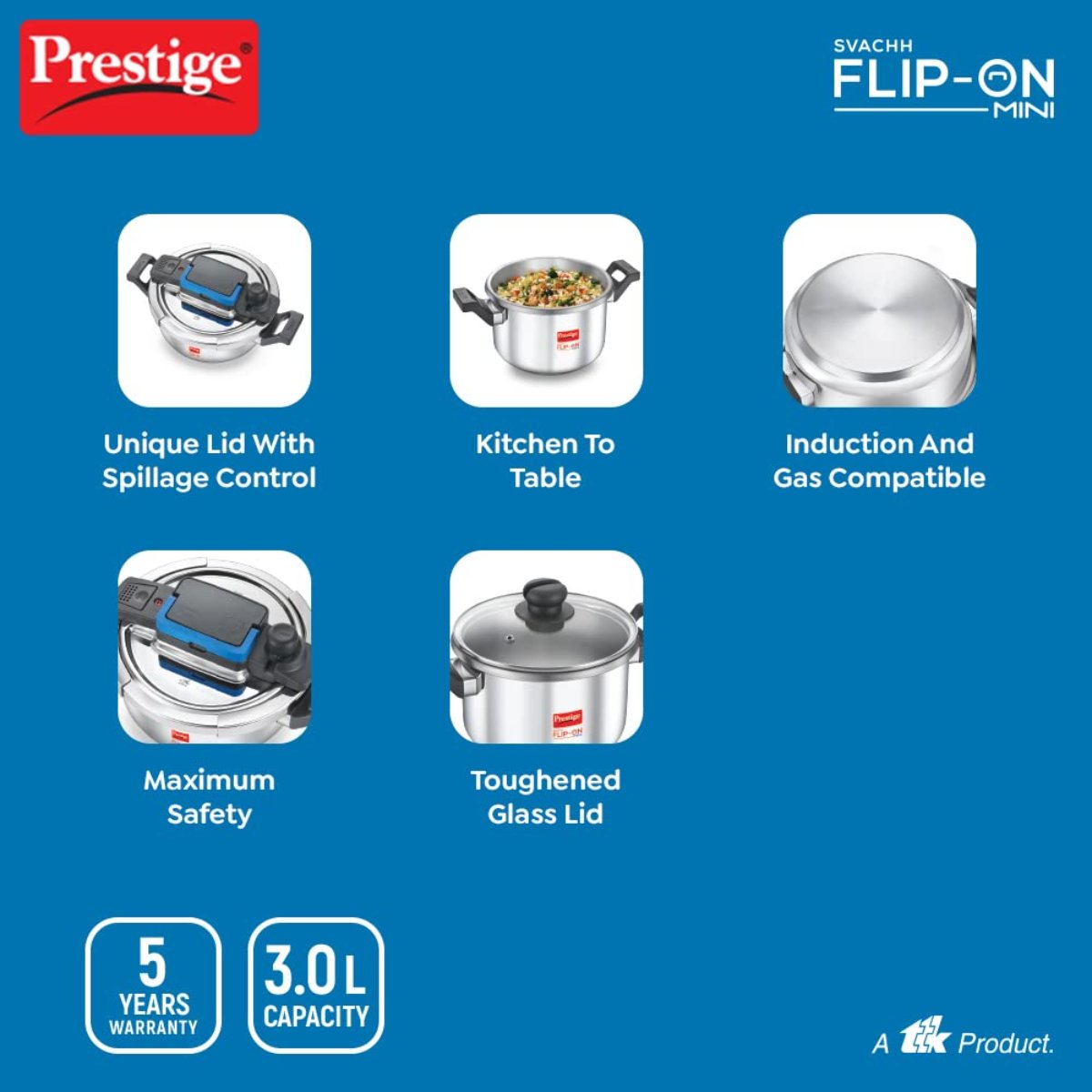 Prestige Svachh FLIP-ON Mini 3 Liter Stainless Steel Pressure Cooker with Glass Lid - 20165