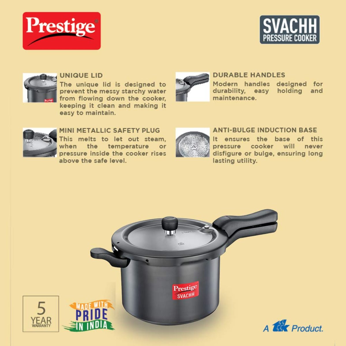 Prestige Svachh Hard Anodised 5L Outer Lid, Pressure Cooker, Black - 20224