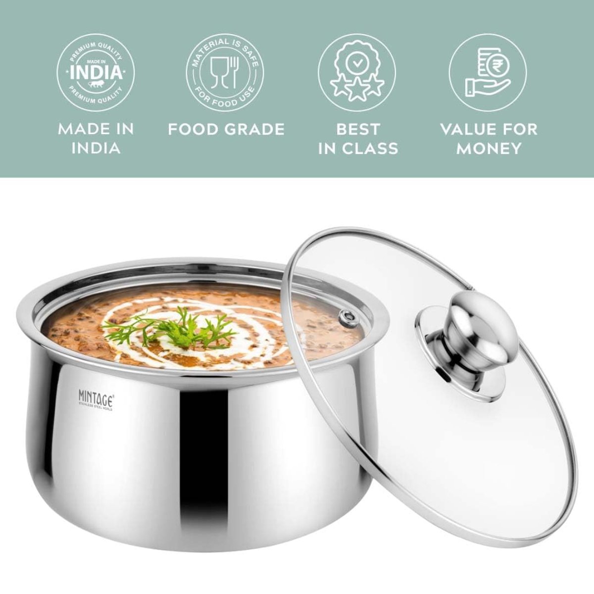 Mintage Stainless Steel Casserole (Riva) With Glass Lid 1500 ml (Small) - CRG-15