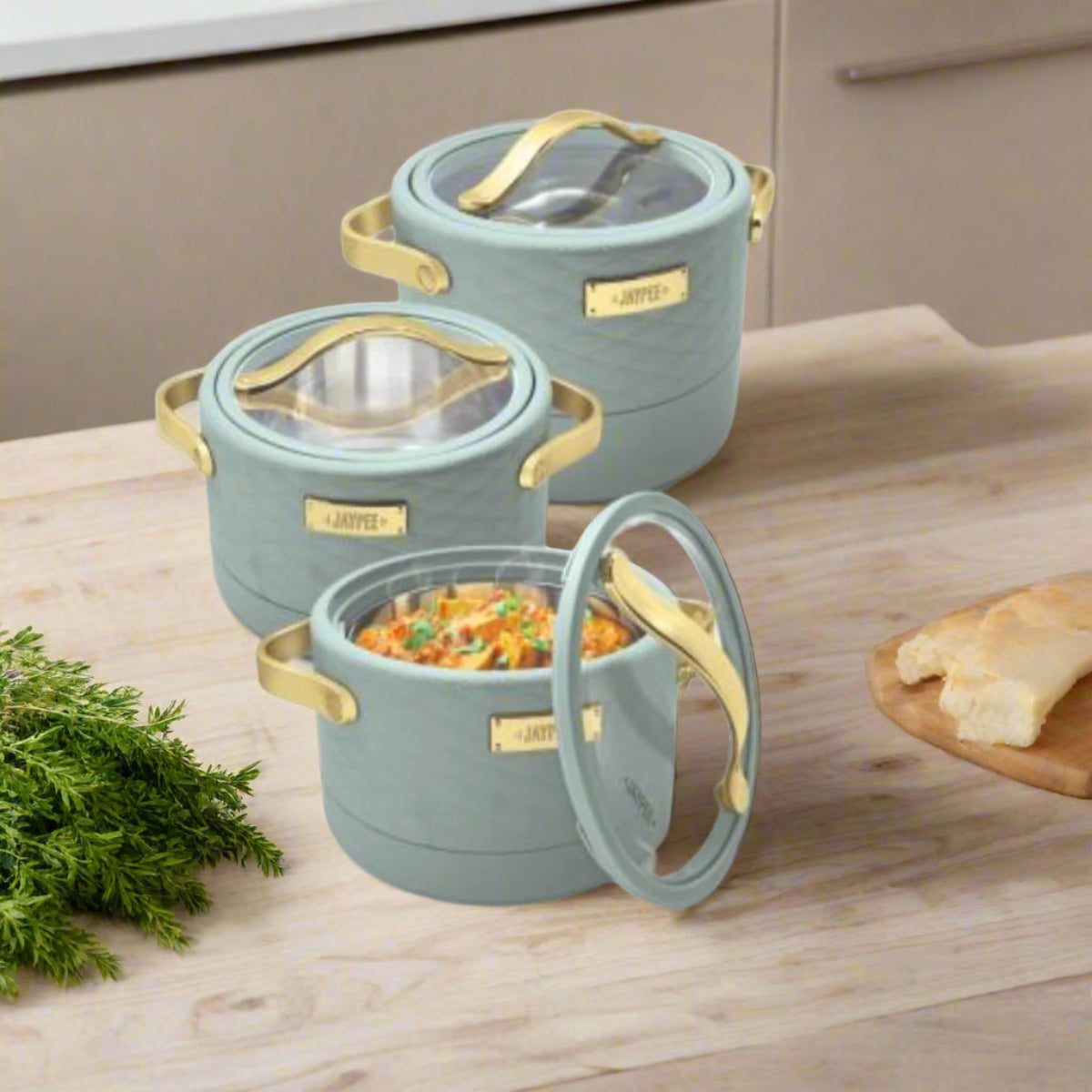 Jaypee Luxura Klass Set of 3 Insulated Inner Stainless Steel Casserole with Glass Lid Lockable | 1500+2000+2500 ml - BPA Free