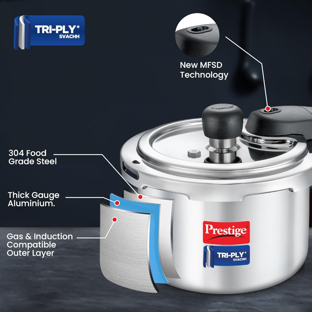 Prestige 1.5 Litre Svachh Triply, Spillage Control, Pressure Cooker - 20716