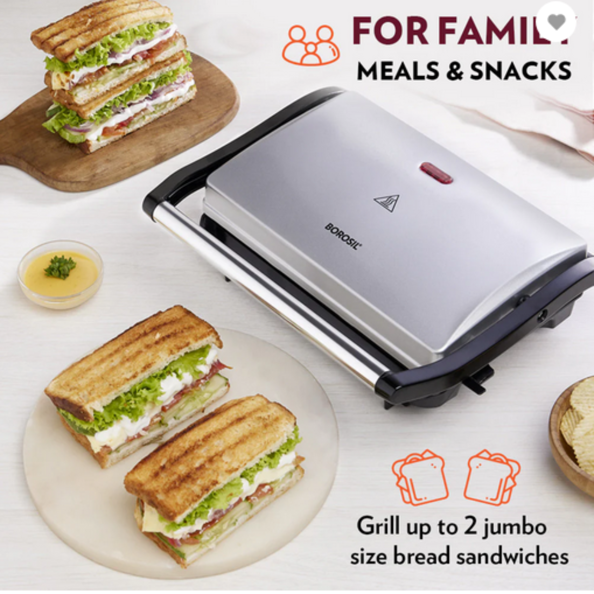 Borosil 700 Watts Prime Grill Sandwich Maker | Opens 90° , 2 Sandwich - BGRILLPS11