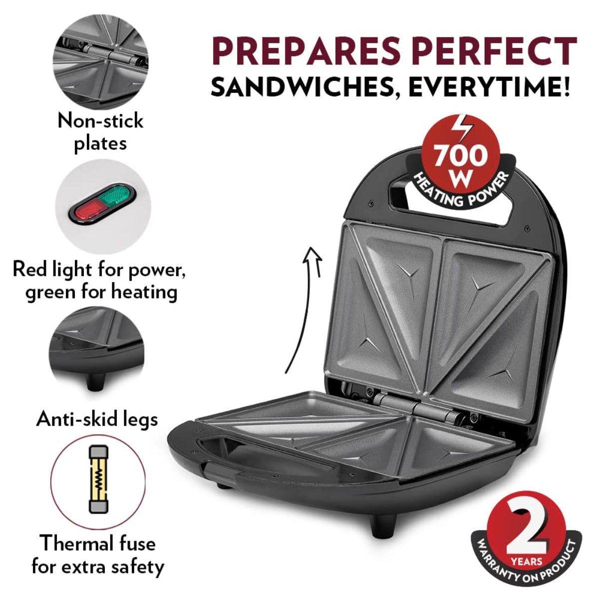 Borosil 700 Watts Neo Sandwich Maker | Opens 90° , 2 Sandwiches - BSM70NDS15