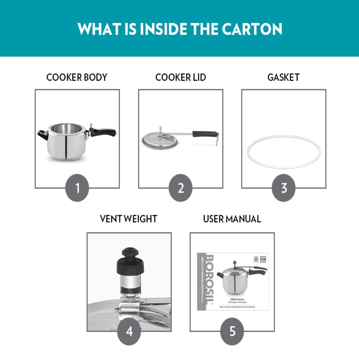 Borosil Presto Stainless Steel Inner Lid 5L Pressure Cooker, Induction - CFPC5LSS02S