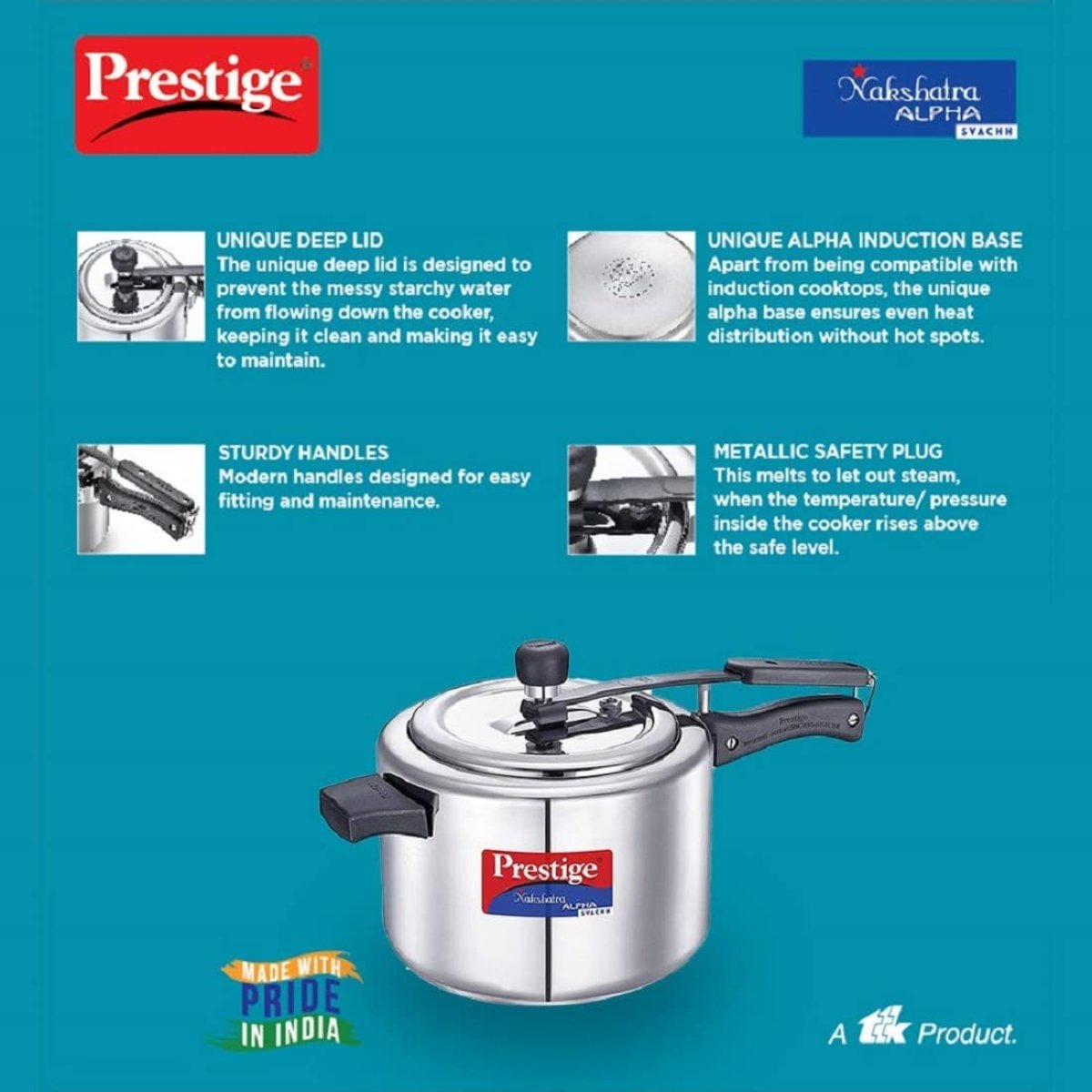 Prestige Svachh Nakshatra Alpha Stainless Steel 5 Liter Pressure Cooker, Silver - 20246