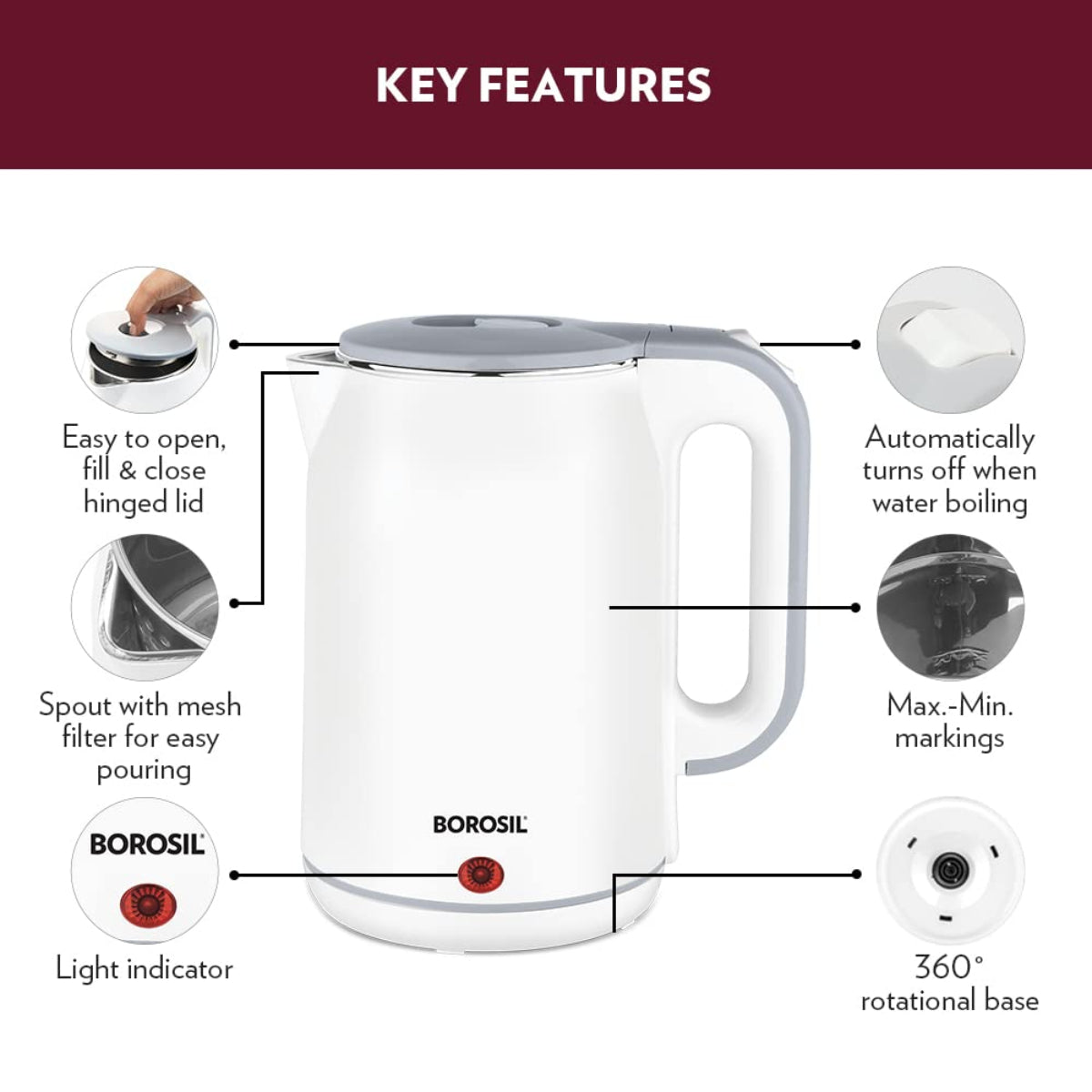Borosil 1800 Watts Cooltouch 1.8 Ltr Stainless Steel Electric Kettle - BKE18LCT25