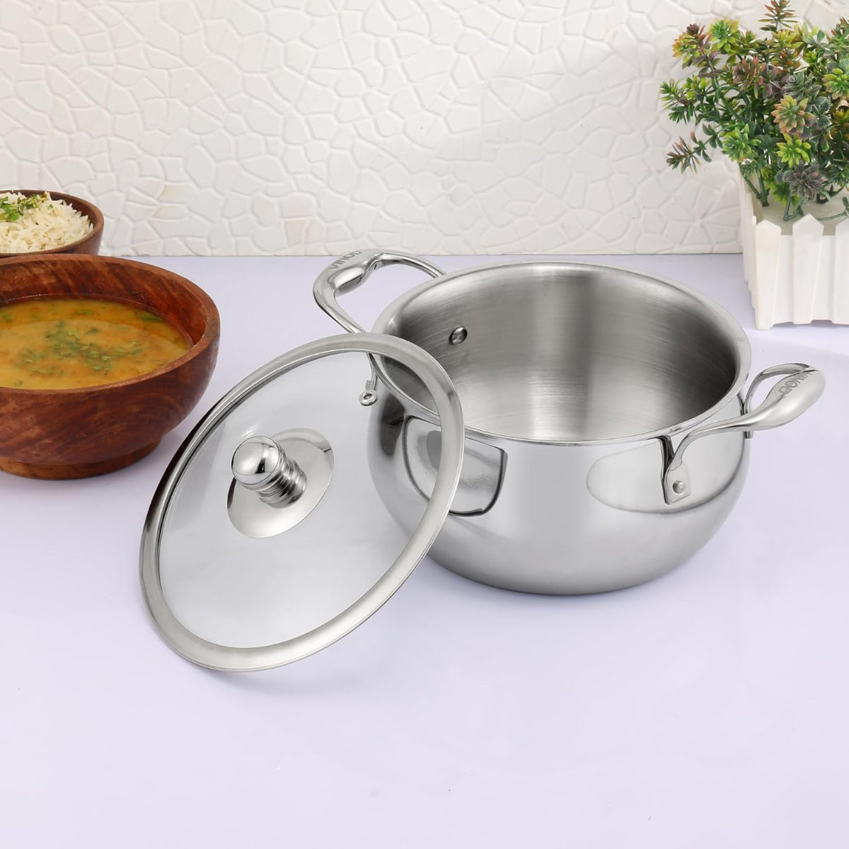 Vinod Platinum Triply Stainless Steel Medium Belly Saucepot With Glass Lid 2 Liter | Induction Base, Silver - PSOM16