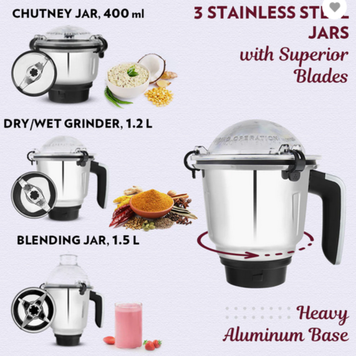 Borosil Grande 1000 Watts Mixer Grinder with 3 Jars & Copper Motor - HAMG01